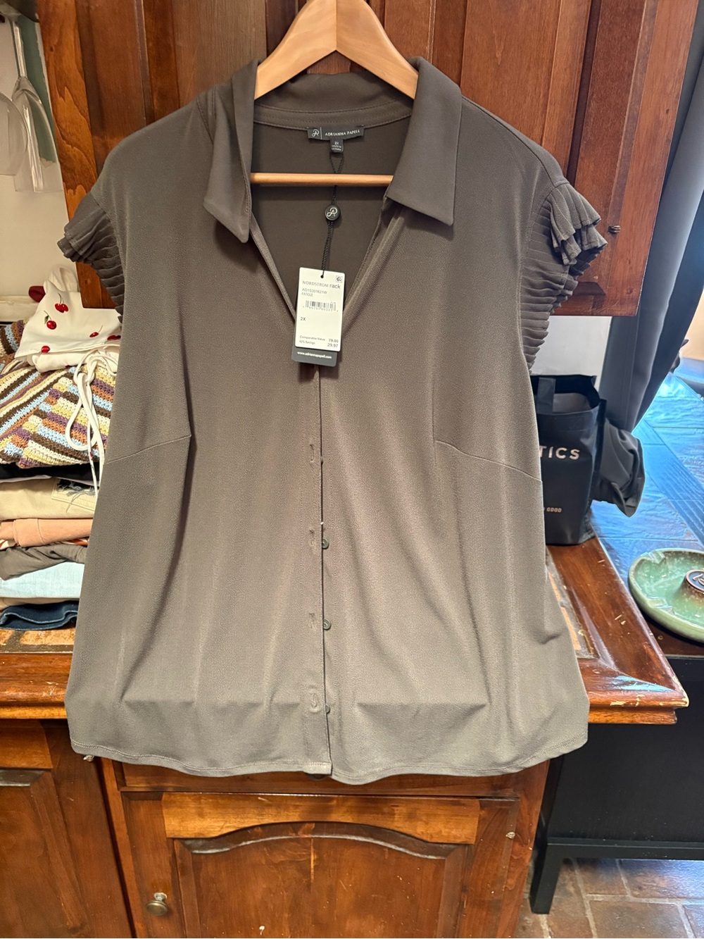 Adrianna Papell  Short-Sleeve Button Front Top in Grey